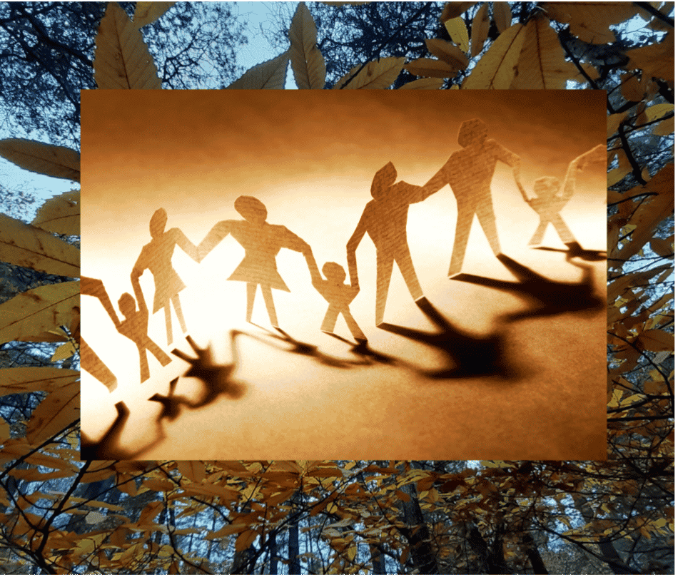 famille en lien au milieu d'une forêt